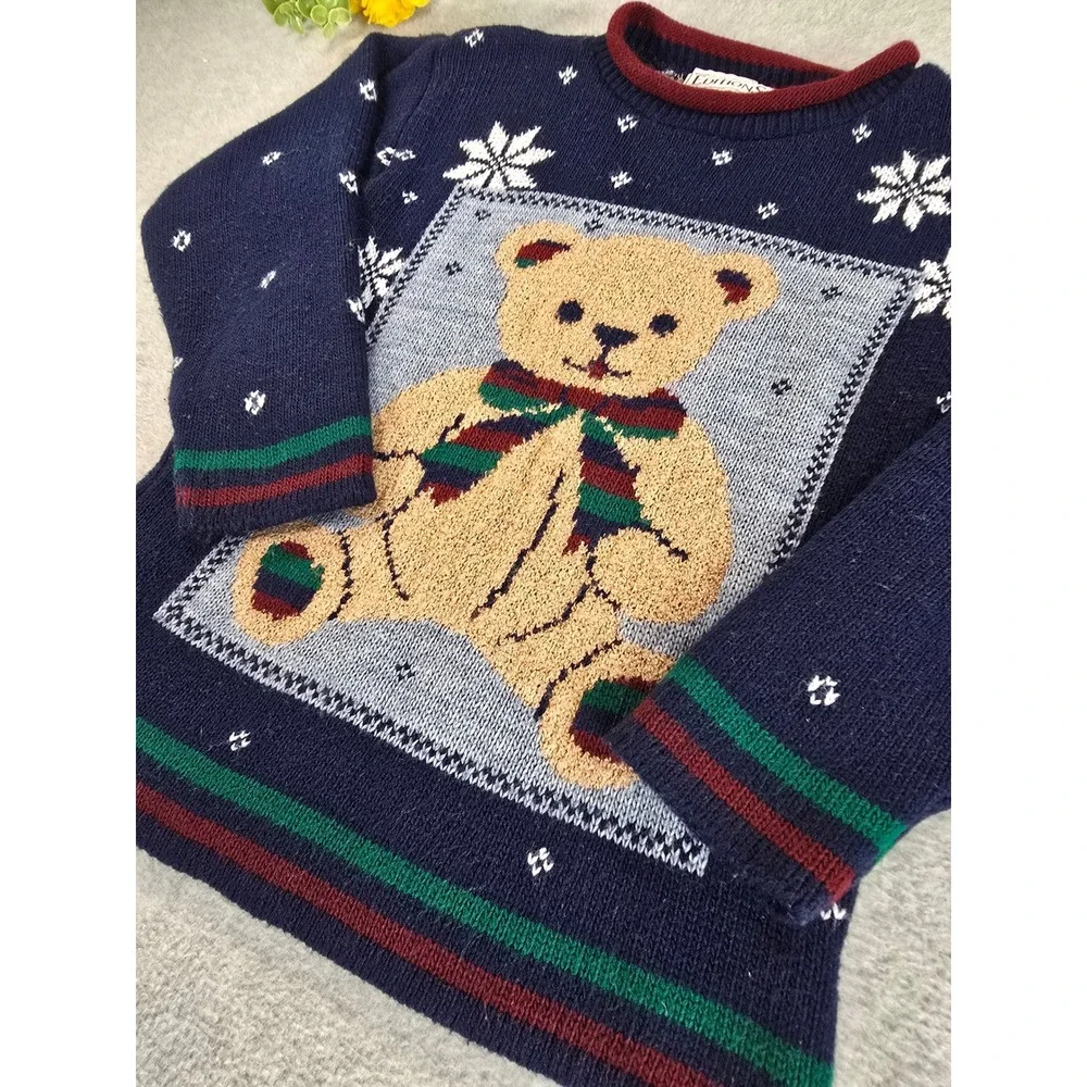 Vintage 90s Basic Editions Knit Sweater Kids 6/6X Navy Blue Teddy Bear Christmas